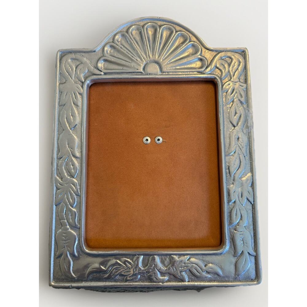 Vintage Ornate Silver Mexican Pewter Picture Frame Floral Wooden 13”x9.5”